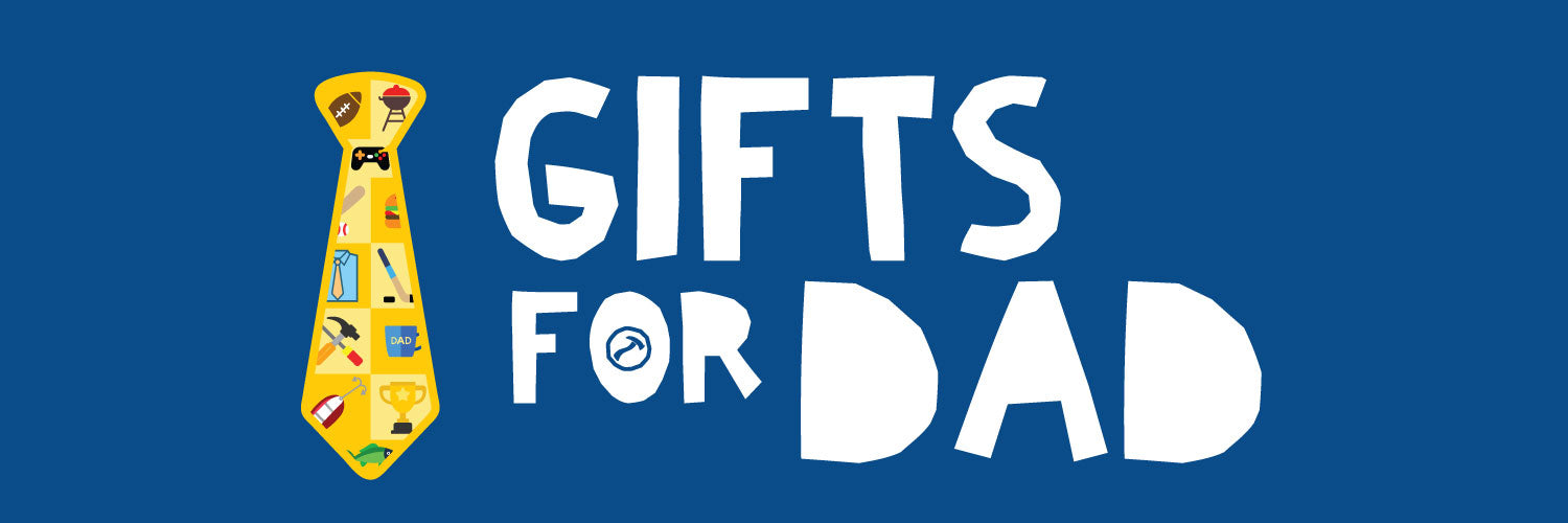 Graphic with 'GIFTS FOR DAD' text and illustrated tie with various dad-related icons on blue background.