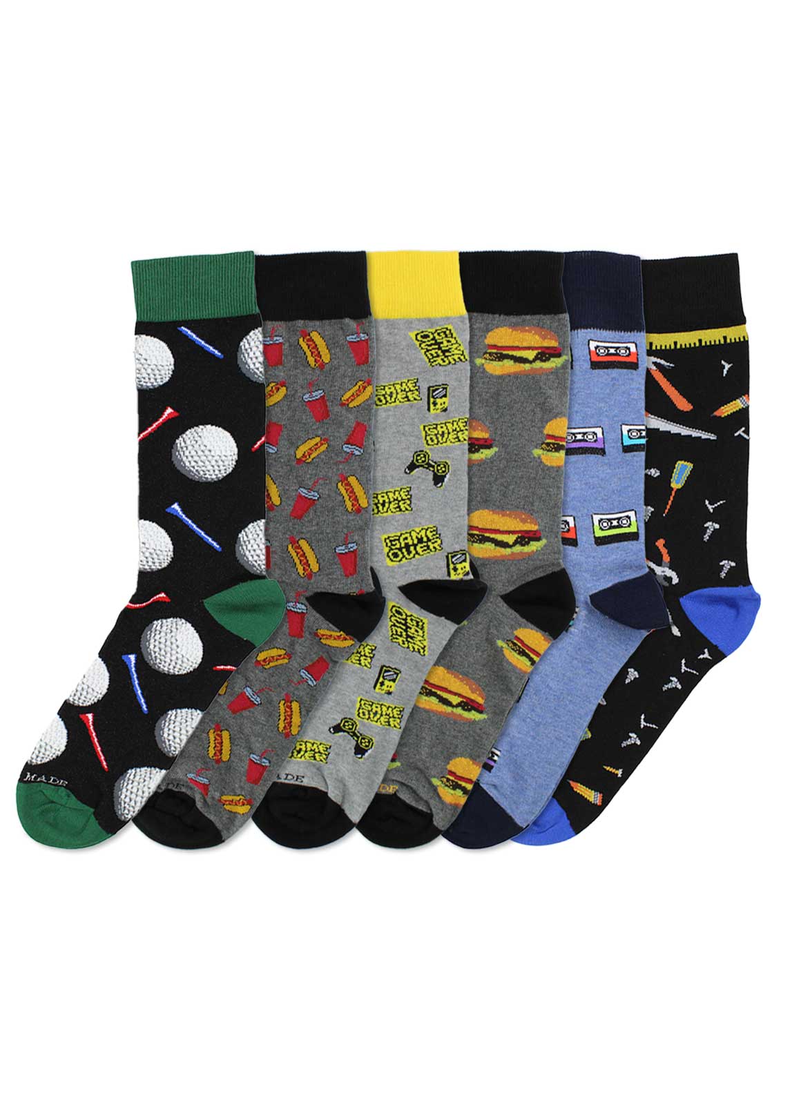 Assorted patterned socks with golf, fast food, and video game themes on a white background.